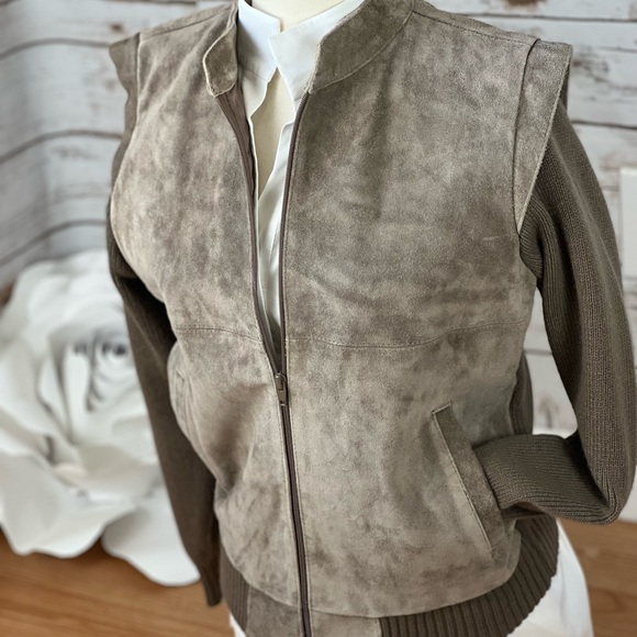 Trading Post Women’s Suede Leather Knit Vintage Coat Jacket Beige Taupe Large - Picture 5 of 9
